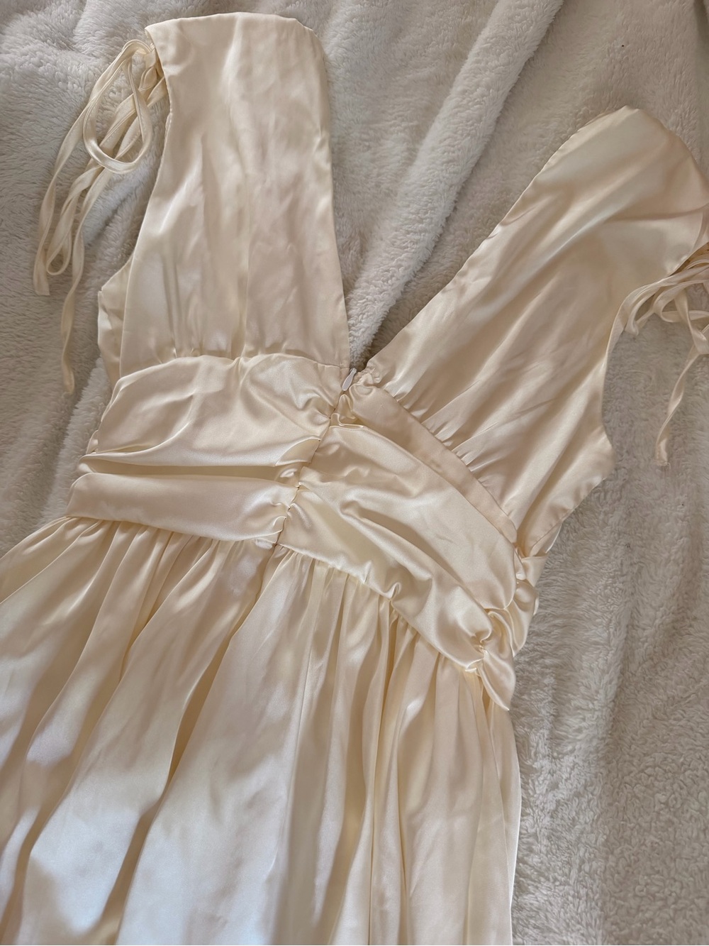 Ivory Satin Deep V Tie-Shoulder Mini Dress - Picture 3 of 4